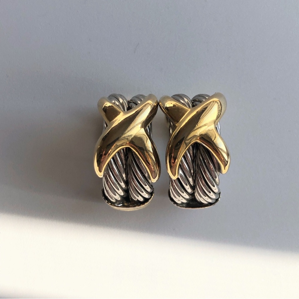 Vintage two tone Cable X hoop Yurman style Huggie Earrings